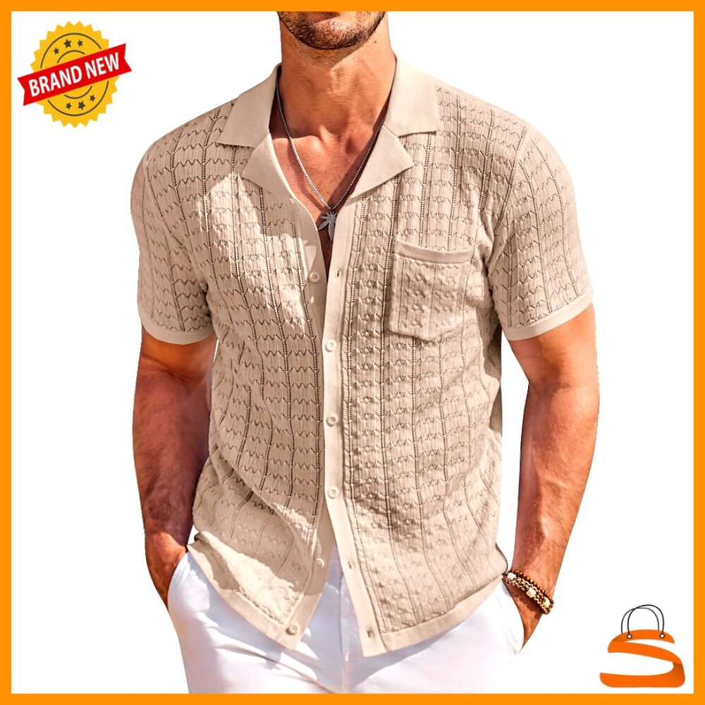 Vintage Knit Polo Shirt Short Sleeve Button Down Casual Beach Top Retro Style